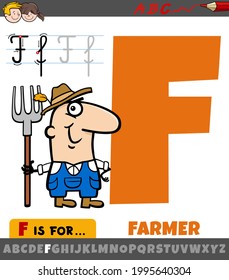 Educational cartoon illustration of letter F from alphabet with farmer character