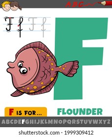 Educational cartoon illustration of letter F from alphabet with flounder fish animal character