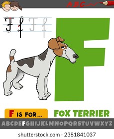 Educational cartoon illustration of letter F from alphabet with fox terrier dog