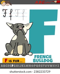 Educational cartoon illustration of letter F from alphabet with French bulldog dog