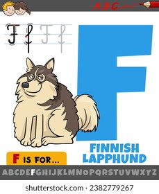 Educational cartoon illustration of letter F from alphabet with Finnish lapphund purebred dog