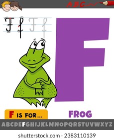 Educational cartoon illustration of letter F from alphabet with frog animal character