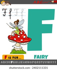 Educational cartoon illustration of letter F from alphabet with fairy fantasy character