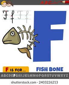 Educational cartoon illustration of letter F from alphabet with fish bone