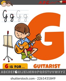 Educational cartoon illustration of letter G from alphabet with guitarist boy character