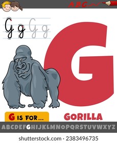 Educational cartoon illustration of letter G from alphabet with gorilla animal character