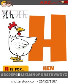Educational cartoon illustration of letter H from alphabet with hen bird farm animal character