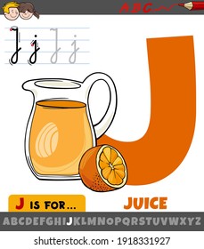 Educational cartoon illustration of letter J from alphabet with juice word for children 