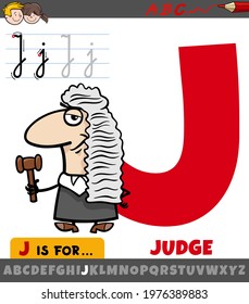 Educational cartoon illustration of letter J from alphabet with judge character