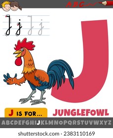 Educational cartoon illustration of letter J from alphabet with junglefowl bird animal character
