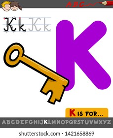 Educational Cartoon Illustration of Letter K from Alphabet with Key for Children 