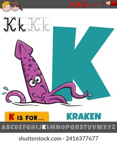 Educational cartoon illustration of letter K from alphabet with kraken fantasy animal character