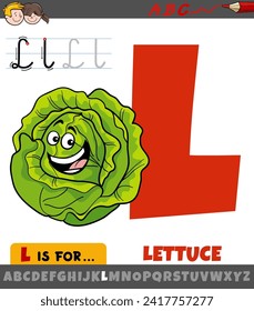 Educational cartoon illustration of letter L from alphabet with lettuce vegetable character