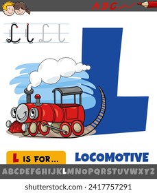 Educational cartoon illustration of letter L from alphabet with locomotive transportation character