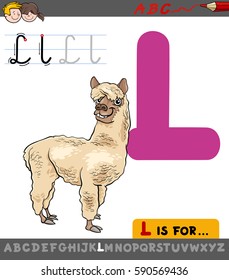 Educational Cartoon Illustration of Letter L from Alphabet with Llama Animal for Children 