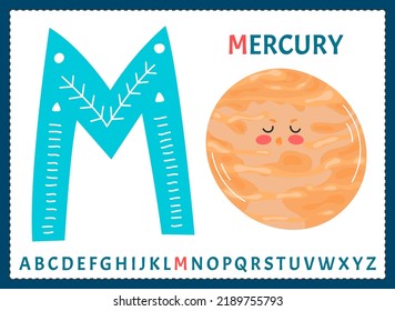 Educational cartoon illustration of letter M from alphabet with Mercury planet character