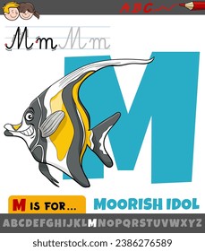 Educational cartoon illustration of letter M from alphabet with moorish idol fish animal character