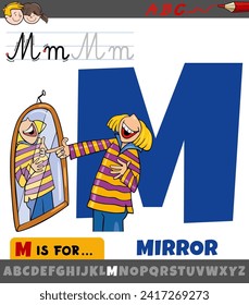 Educational cartoon illustration of letter M from alphabet with mirror object