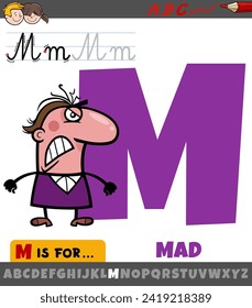 Educational cartoon illustration of letter M from alphabet with mad expression