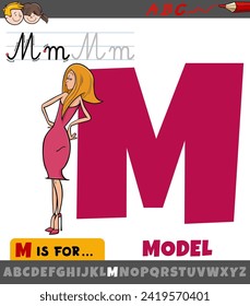 Educational cartoon illustration of letter M from alphabet with model character