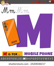 Educational cartoon illustration of letter M from alphabet with mobile phone