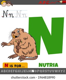 Educational cartoon illustration of letter N from alphabet with nutria animal character