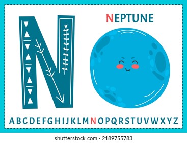 Educational cartoon illustration of letter N from alphabet with Neptune planet character