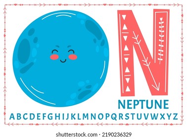 Educational cartoon illustration of letter N from alphabet with Neptune planet character