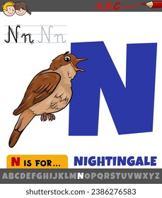 Educational cartoon illustration of letter N from alphabet with nightingale bird animal character