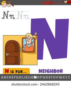 Educational cartoon illustration of letter N from alphabet with neighbor phrase
