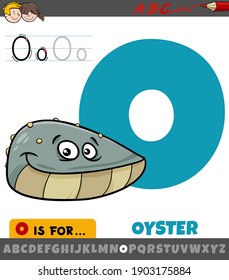 Educational cartoon illustration of letter O from alphabet with oyster animal character for children 