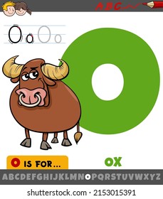 Educational cartoon illustration of letter O from alphabet with ox animal character