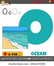Educational cartoon illustration of letter O from alphabet with ocean word