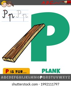 Educational cartoon illustration of letter P from alphabet with plank object