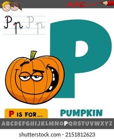 Educational cartoon illustration of letter P from alphabet with pumpkin vegetable character