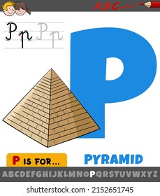 Educational cartoon illustration of letter P from alphabet with Egyptian pyramid