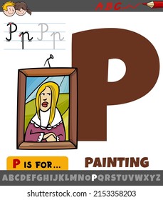 Educational cartoon illustration of letter P from alphabet with painting art piece