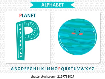 Educational cartoon illustration of letter P from alphabet with Planet character