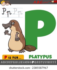 Educational cartoon illustration of letter P from alphabet with little platypus animal character