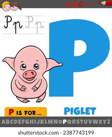 Educational cartoon illustration of letter P from alphabet with piglet animal character