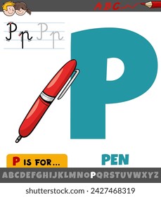 Educational cartoon illustration of letter P from alphabet with pen object