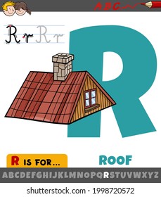 Educational cartoon illustration of letter R from alphabet with roof object