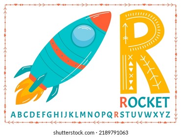 Educational cartoon illustration of letter R from alphabet with Rocket