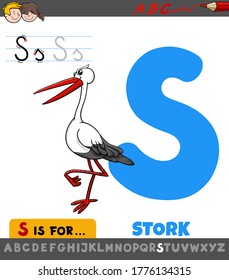 Educational Cartoon Illustration of Letter S from Alphabet with Stork Bird Animal Character for Children 