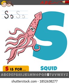 Educational cartoon illustration of letter S from alphabet with squid animal character for children 