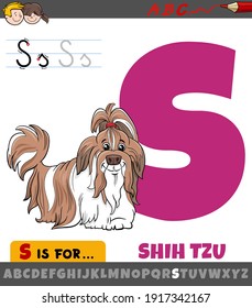 Educational cartoon illustration of letter S from alphabet with Shih Tzu purebred dog animal character for children 