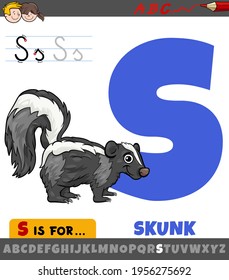 Educational cartoon illustration of letter S from alphabet with skunk animal character