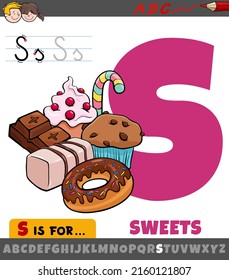 Educational cartoon illustration of letter S from alphabet with sweets food objects