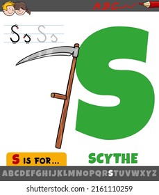 Educational cartoon illustration of letter S from alphabet with scythe agricultural hand tool