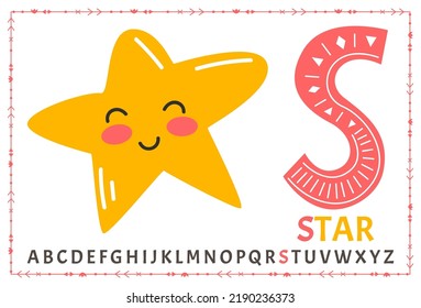 Educational cartoon illustration of letter S from alphabet with Star character